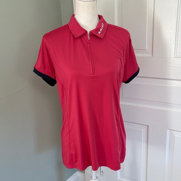 Ariat Tek Bandera Women's Pink Short Sleeve Polo Size Large Equestrian Sun Shirt - Picture 1 of 10